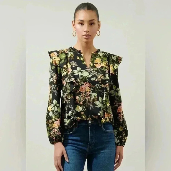 Sugarlips Tops - Sugarlips Night Bloom Wilhem Ruffle Blouse - Black Multi